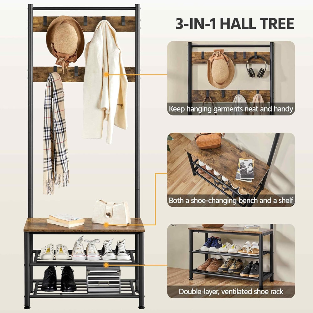 Yaheetech 3-in-1 Hall Tree with Bench, Shoe Rack for Mudroom, Rustic Brown
