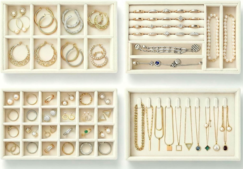 Velvet Jewelry Drawer Organizer Trays, 4 Pack Stackable Jewelry Storage Inserts Set, Beige Jewelry Tray Set with Removable Dividers for Earrings, Necklaces, Rings, Bracelets for Vanity & Dresser