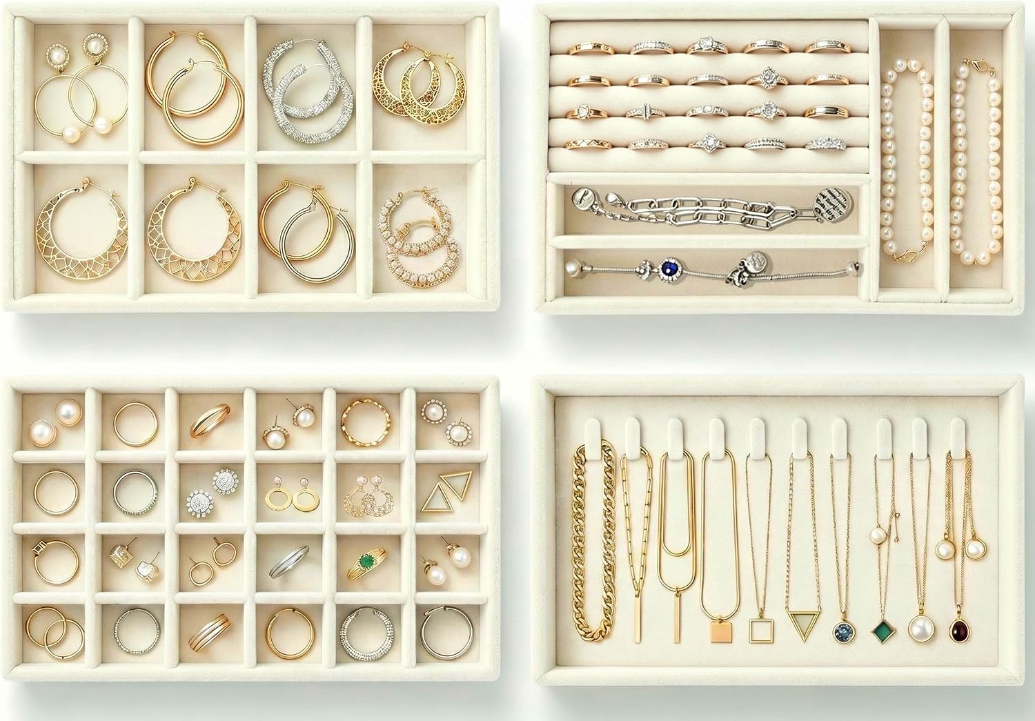 Velvet Jewelry Drawer Organizer Trays, 4 Pack Stackable Jewelry Storage Inserts Set, Beige Jewelry Tray Set with Removable Dividers for Earrings, Necklaces, Rings, Bracelets for Vanity & Dresser