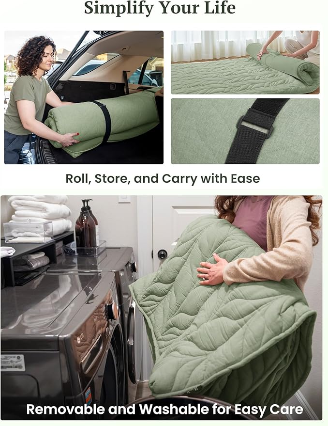 ZonLi Japanese Floor Mattress Futon Mattress King Size, Thicken Roll Up Tatami Mat w/ 100% Cotton Washable Cover, Portable & Foldable Floor Bed for Sleeping, Dormitory, Adult Kids, Green