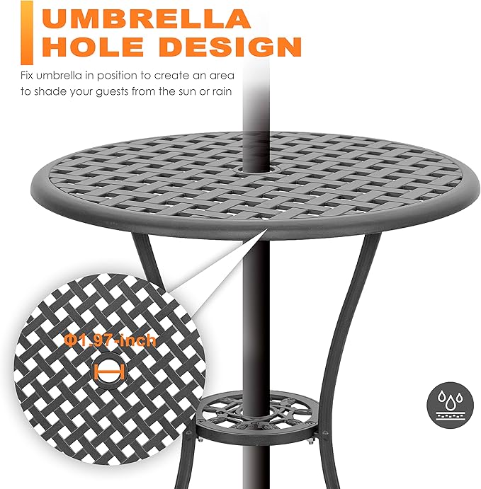 NUU GARDEN Bistro Set 3 Piece Outdoor All Weather Cast Aluminum Patio Bistro Set Patio Table and Chairs Set of 2 with Umbrella Hole for Backyard, Balcony, Front Porch, Lawn, Black