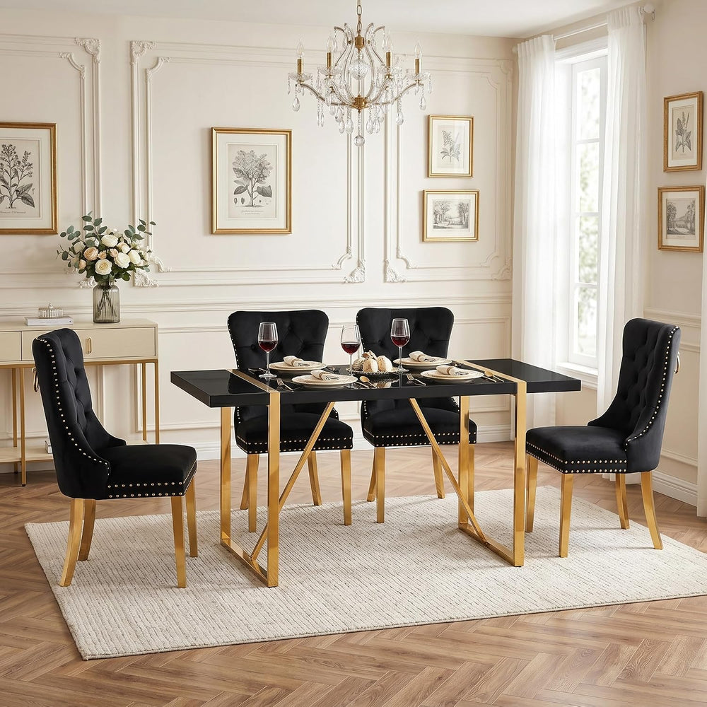Black Dining Table Set for 4, 55" Black Glossy Top with Gold Metal Legs,...