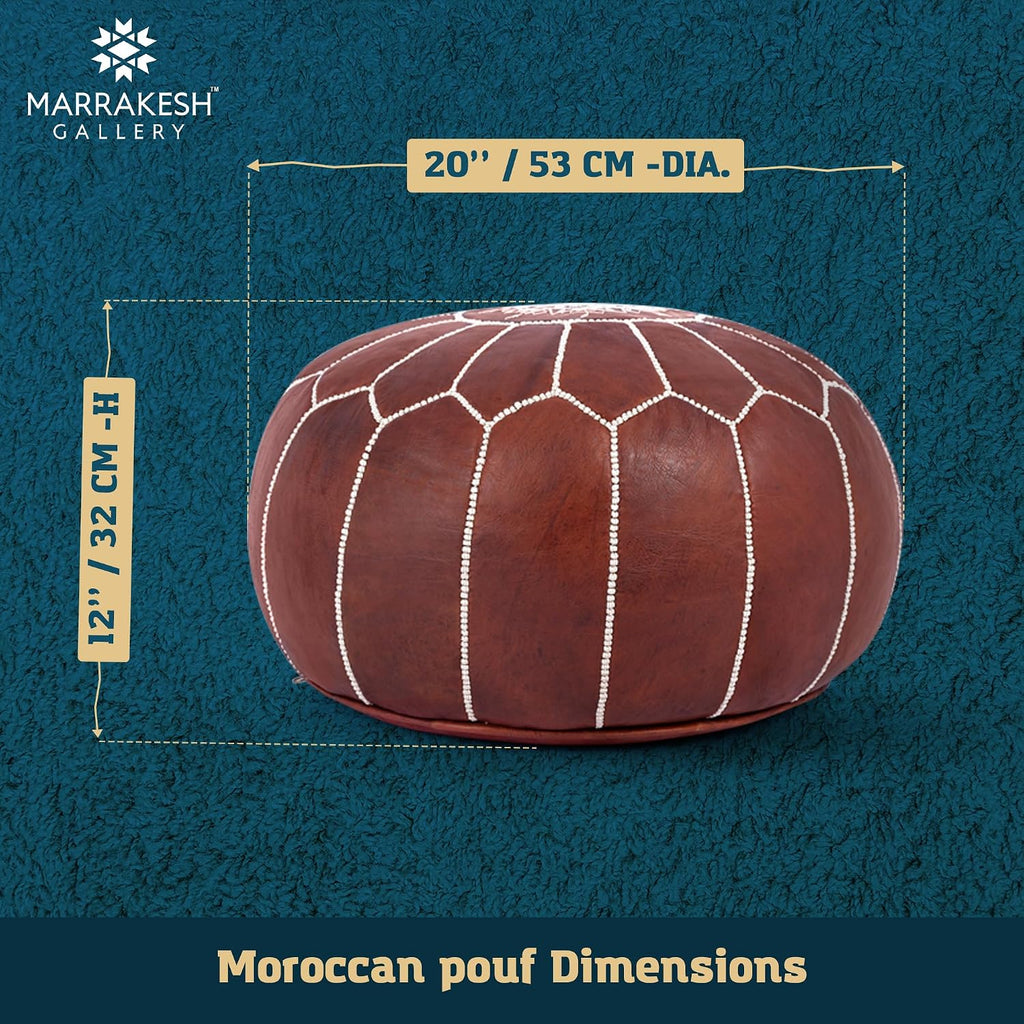 Marrakesh Gallery Genuine Leather Round Pouf Cover - Handmade Moroccan Ottoman Footstool, Unstuffed Footrest - Boho Decor - Bohemian Living Room, Bedroom, Kids Room - Housewarming Gift & Wedding