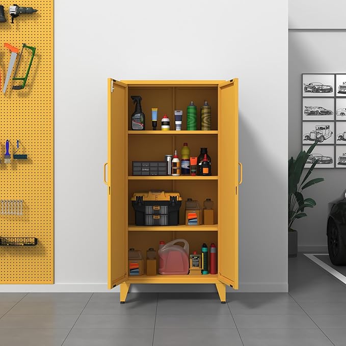 Heavy Duty 61" Lockable Pantry Cabinet, 2-Door 4-Tier Storage Cabinet with 3 Adjustable Shelves, Yellow Metal Kitchen Cabinet for Kitchen, Living Room, School Tool Storage, 61"H X 27.6"W X 13.8"D