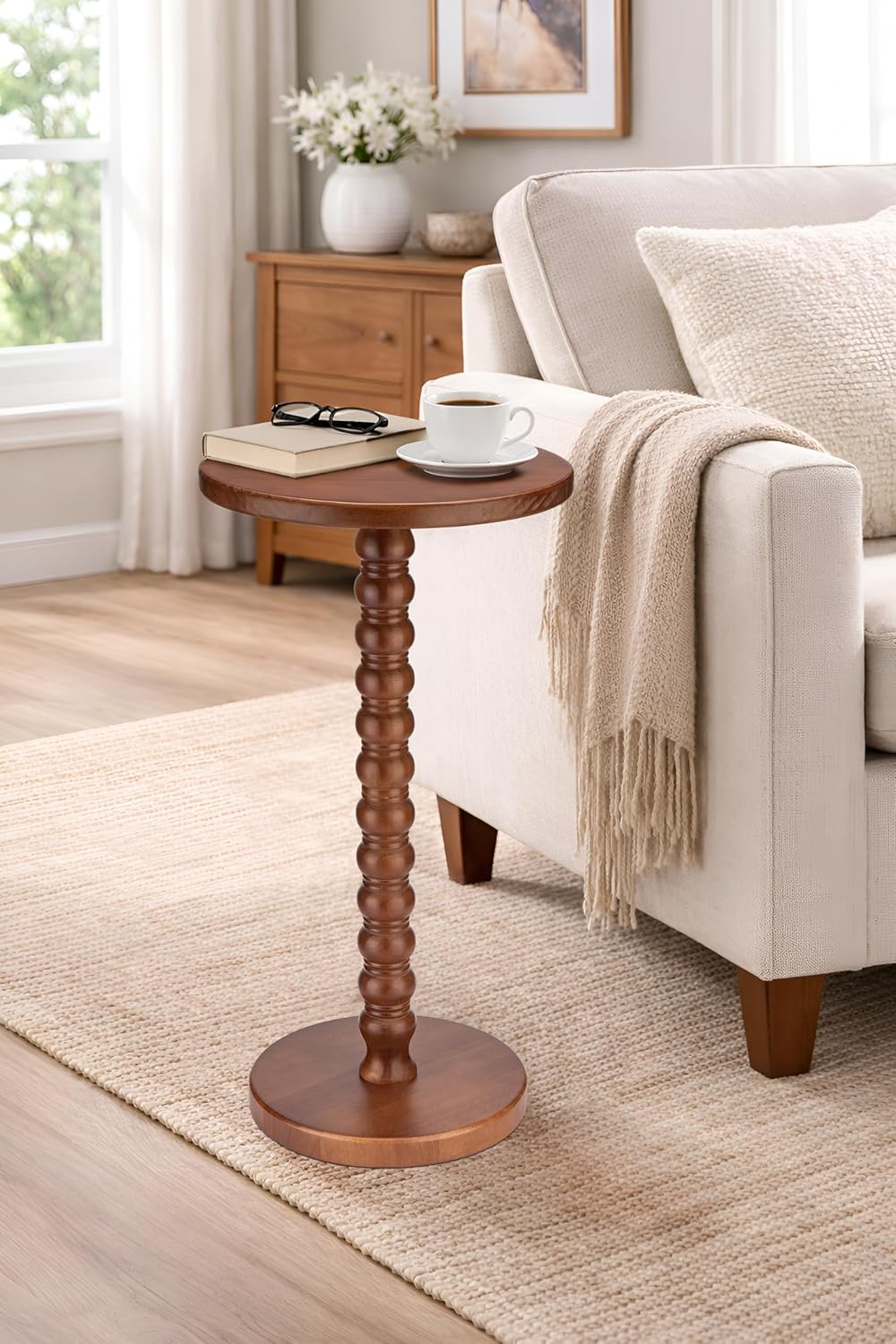 Solid Wood Round Side Table, Rustic Pedestal Drink Table for Small Spaces, Ac...