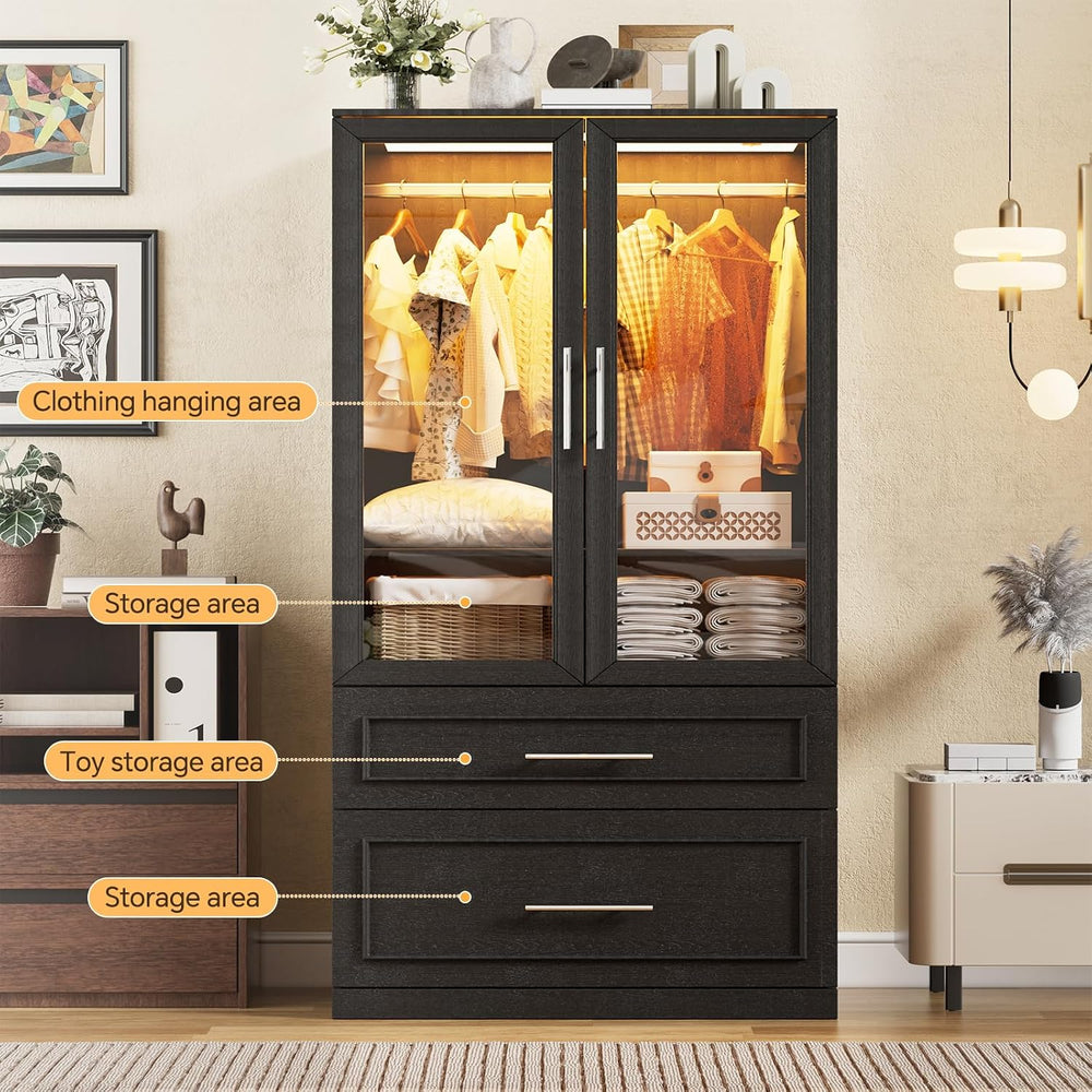 PAKASEPT Armoire Wardrobe Closet with Glass Door and Drawers, Bedroom Closet ...