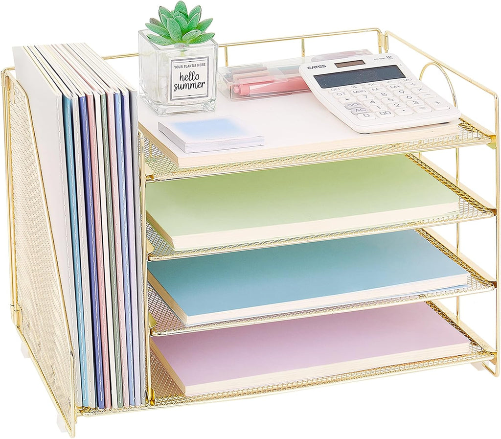 OPNICE 4-Tier Paper Organizer with Magazine Holder, Desk Organizers and Accessories, Office Desk Accessories & Workspace Organizers, Desktop File Organizer for Office Supplies Storage, Gold