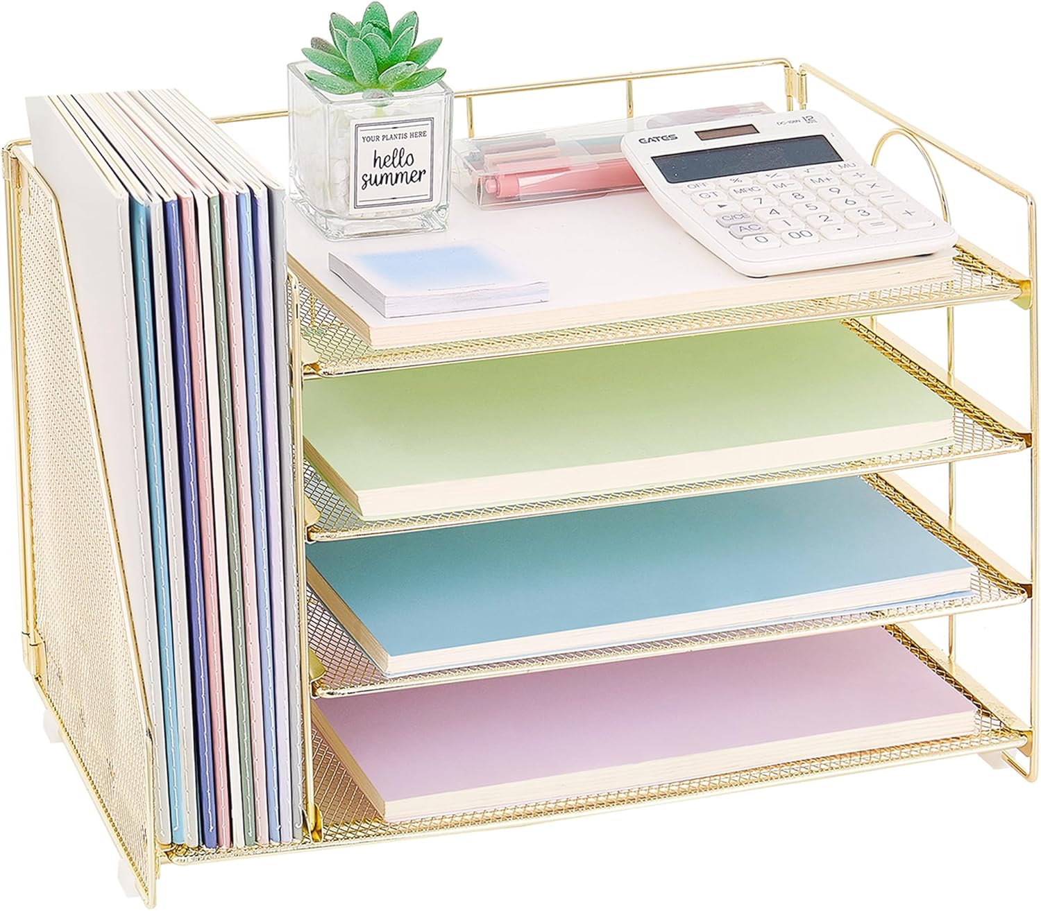OPNICE 4-Tier Paper Organizer with Magazine Holder, Desk Organizers and Accessories, Office Desk Accessories & Workspace Organizers, Desktop File Organizer for Office Supplies Storage, Gold