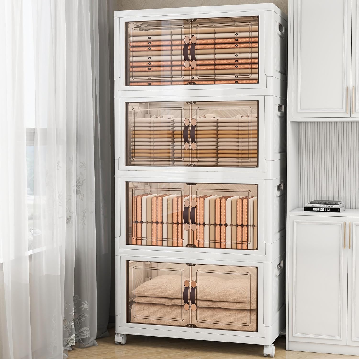 Storage Bins with Lids and Wheels, Collapsible Bathroom Storage Cabinet with Clear Doors, Plastic Stackable Closet Organizers and Storage Containers White 628 QT