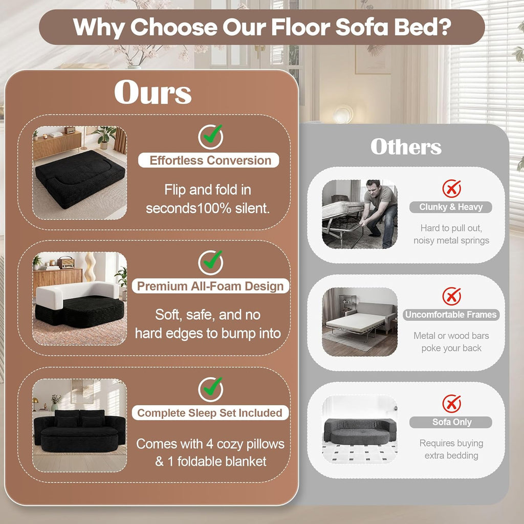 75'' Folding Sleeper Sofa Bed, Memory Foam Boneless Couch | Full Size Guest Bed Mattress, Modern 2-in-1 Floor Deep Seat Sleeper Sofa with 4 Pillows and Blanket | Corduroy Black