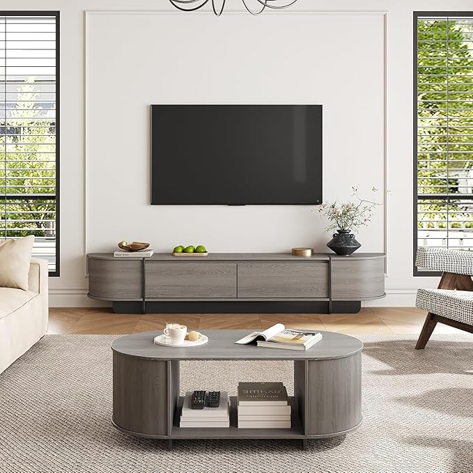 Coffee Table and TV Stand Set of 2,76.4'' Modern TV Console，Entertainment Center with 4 Drawers,Modern Oval Coffee Table with Storage, Wood Center Tables for Living Room, Bedroom, Home Office, Grey