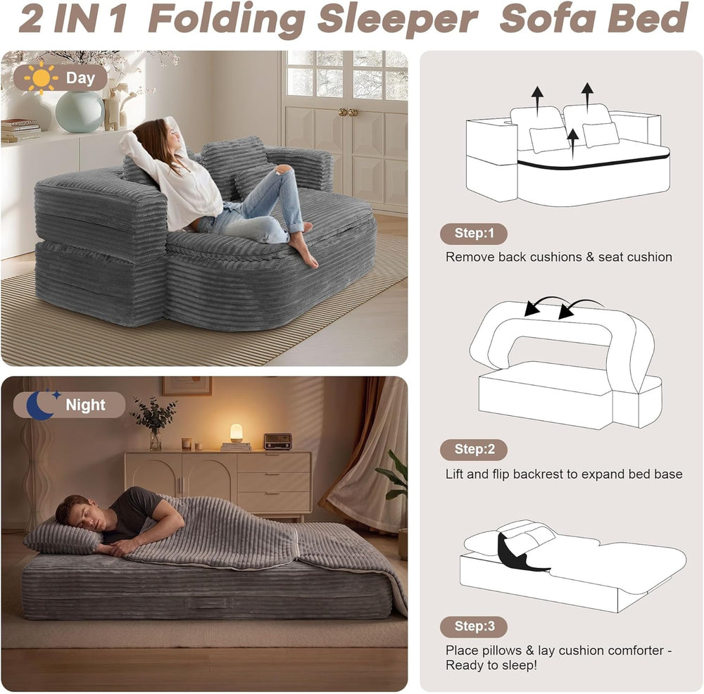 75'' Folding Sleeper Sofa Bed, Memory Foam Fold Out Couch, Foldable F...