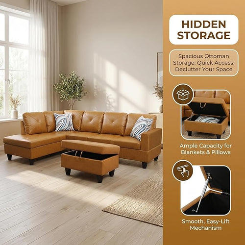 3-Piece L-Shaped Modular Leather Sofa – Convertible Sectional Couch with Movable Chaise & Storage Ottoman, Multi-Scene Use for Living Room, Apartment & Office, Ginger Yellow