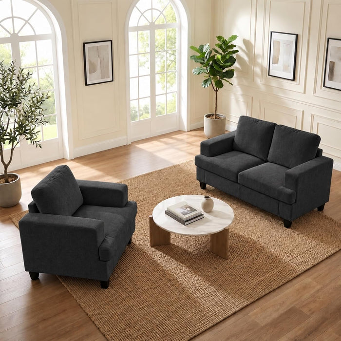 2 Piece Living Room Sofa Set, Loveseat and Armchair, Dark Grey