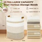Laundry Basket with Handles - Blanket Basket & Hampers for Bedroom Aesthetic, Laundry Hamper & Blanket Storage for Living Room, Clothes Hamper, Tall, Large 17" x 14" x 22”, Light Brown & White