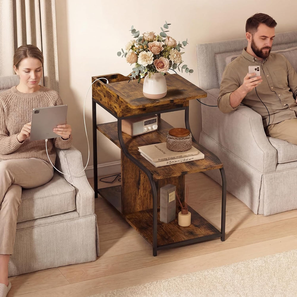End Table with Charging Station, 3-Tier Sofa Side Table Sliding Top for Livin...