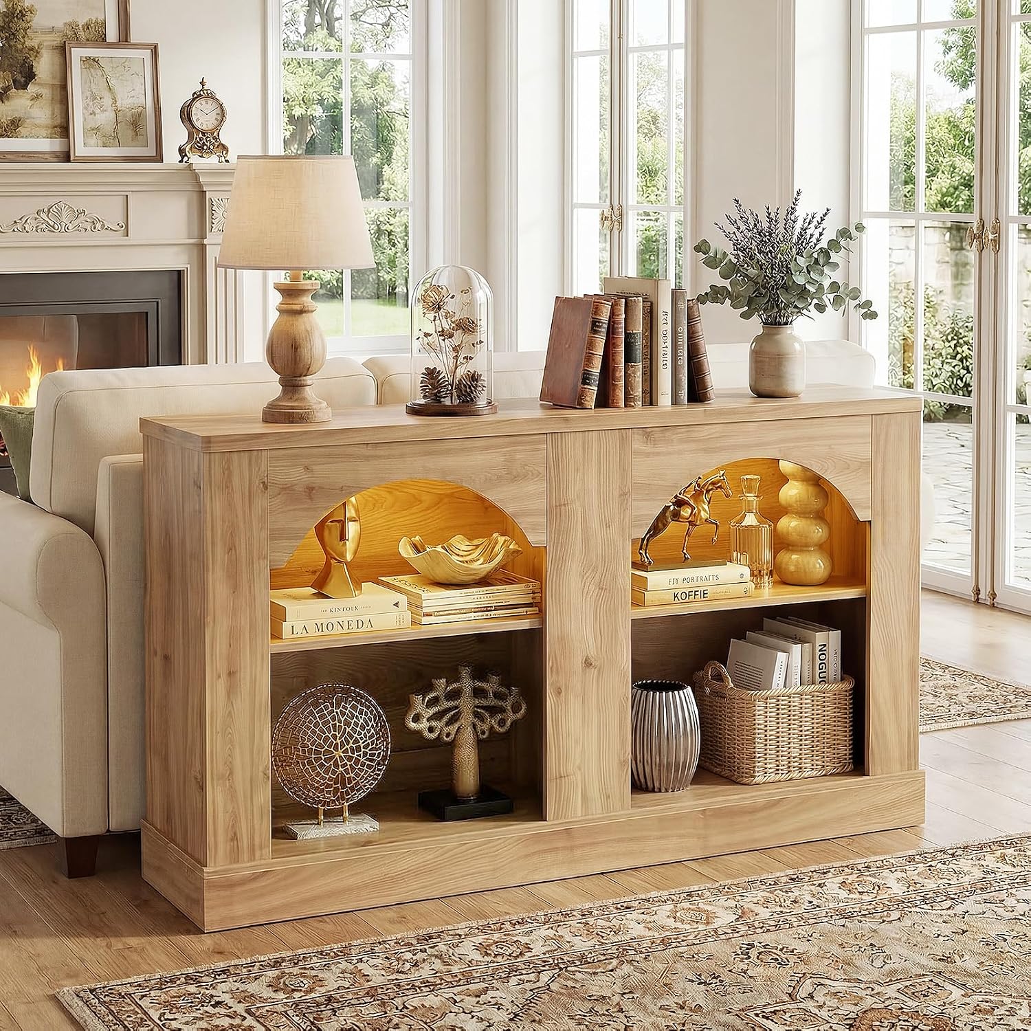 Arched Entryway Table with LED Lights, 47" Farmhouse Console Table with Adjustable Shelves, Sofa Table Behind Couch, Sideboard Buffet Storage Cabinet for Entrance/Hallway/Living Room, Natural Oak