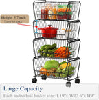 PUSDON 4-Tier Stackable Metal Storage Baskets, Anti-Rust Fruit Vegetable Rack, Dual Use Shelf for Kitchen, Home & Office, Black