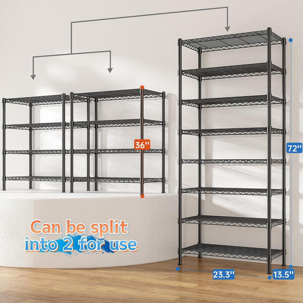 8 Tier Wire Shelving Rack Storage Shelves Loads1200LBS,Adjustable Metal Shelving Unit and Metal Shelf Pantry Shelves Industrial Shelving for Commercial Kitchen Office 72H X 13.8D X 23.6W