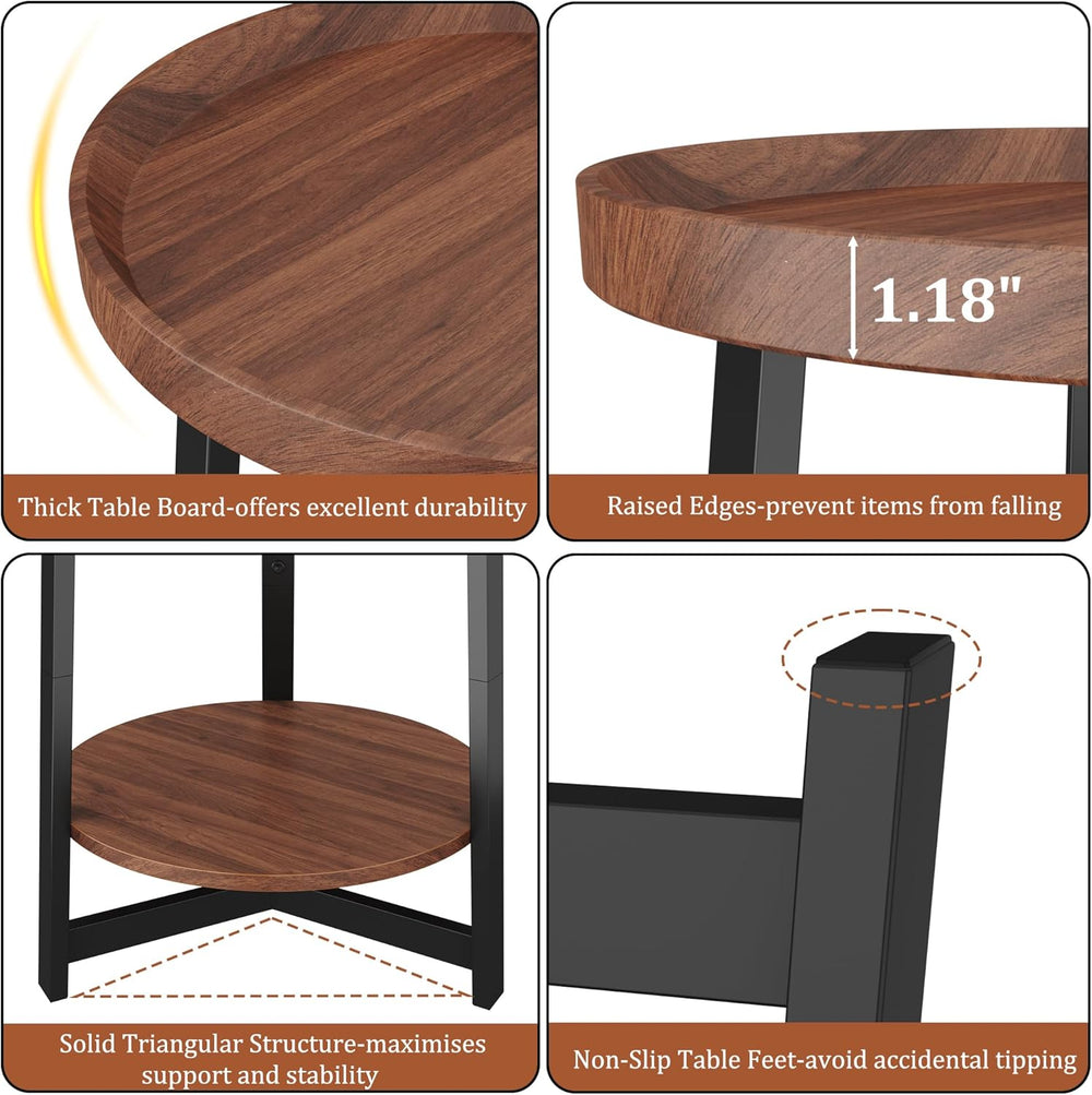 Industrial 2 Tier Round Side Table with Storage Shelf,Accent Tray End Table w...