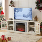 TV Stand with Electric Fireplace & Storage Cabinet, Entertainment Center with 2 Glass Door, Faux Stone Media Console Table for Living Room (White,70" with Fireplace)