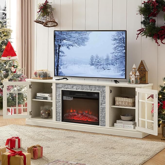 TV Stand with Electric Fireplace & Storage Cabinet, Entertainment Center with 2 Glass Door, Faux Stone Media Console Table for Living Room (White,70" with Fireplace)