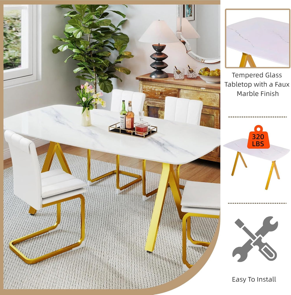 51.2 Inch Faux Marble Dining Table,Rectangular Glass Dining Table for 4-6,Whi...