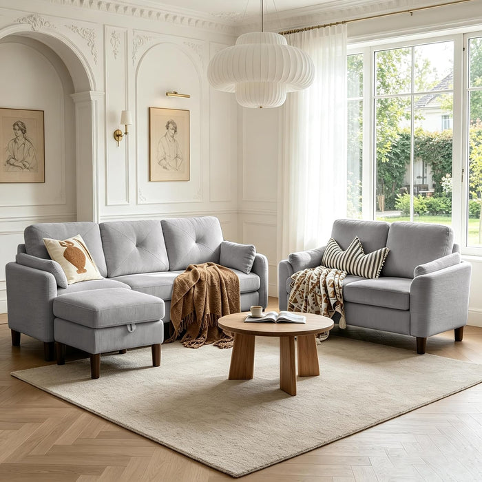 3 Piece Sectional Sofa Set , 3 Seat Couch & Loveseat & Ottoman, Light Grey