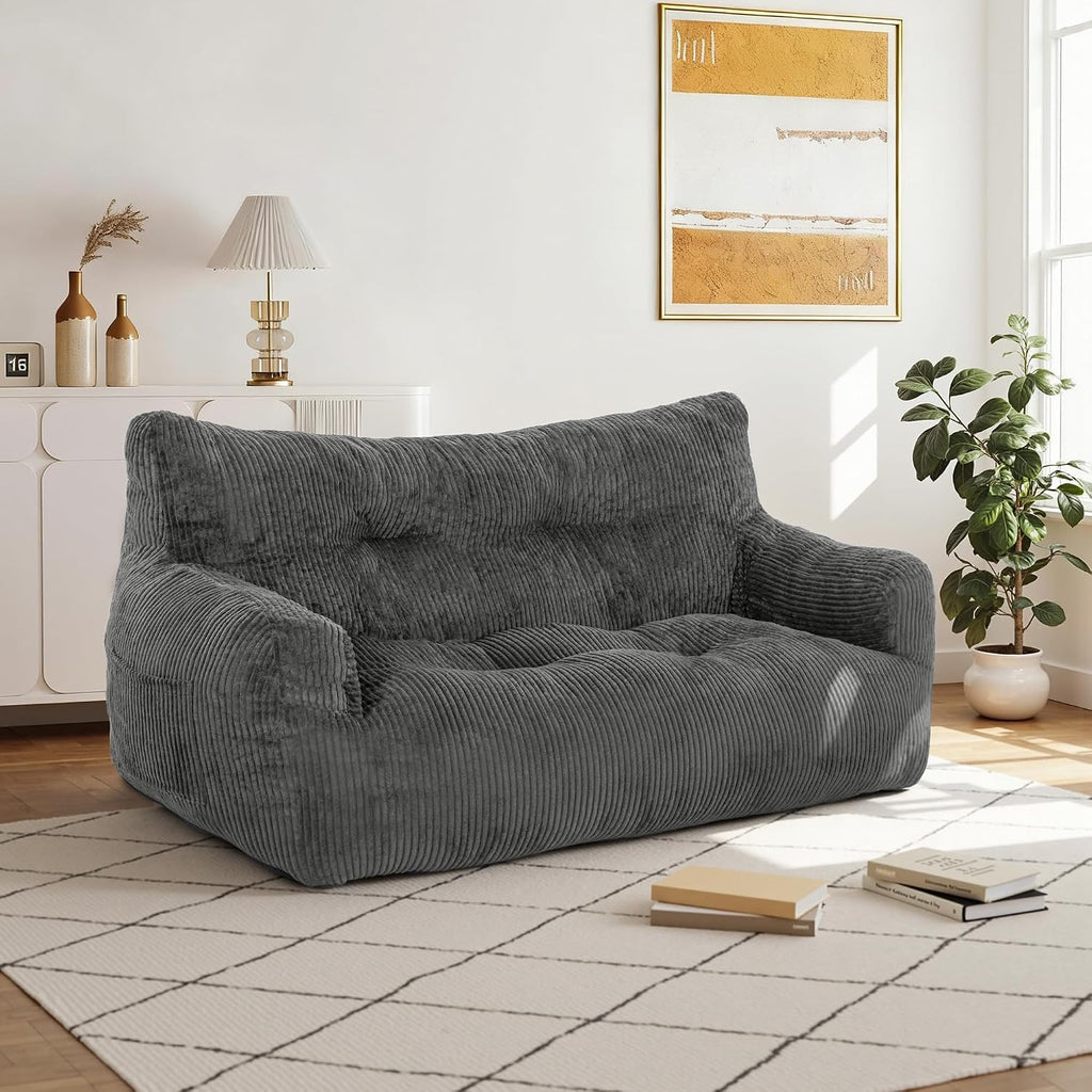 Pamapic 59 Inch 2-Seater Corduroy Bean Bag Chair,Loveseat Sofa with Ultra Soft Fluffy Cover, 72H High Resilience Foam Sofa Bed for Adults, Suitable for Living Room, Bedroom,Grey