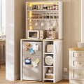 IRONCK Bakers Rack with Mini Fridge Space & Power Outlets, 69.3" Coffee Bar Station with LED Lights, 7-Tier Kitchen Microwave Stand with Hooks & Wooden Backboard, Space-Saving Utility Organizer, White