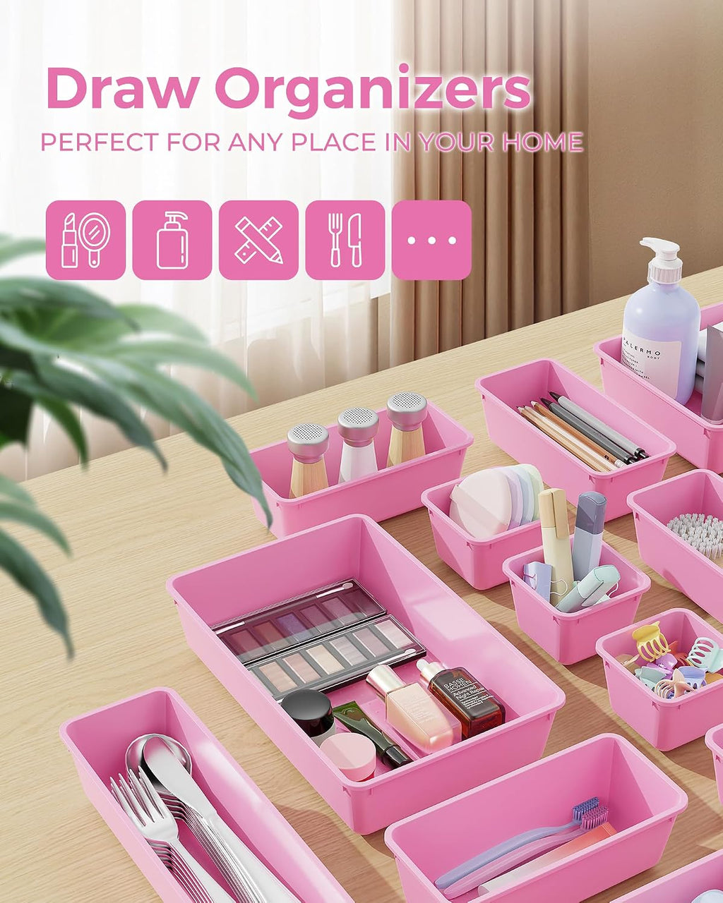 BiuLeon 25 PCS Plastic Drawer Organizers Set, 4-Sizes Vanity and Makeup Organizer, Desk and bathroom Drawer Organizer Trays, Organizers and Storage for Makeup, Jewelry, Gadgets, Utensils(Light Purple)