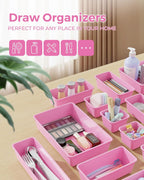 BiuLeon 25 PCS Plastic Drawer Organizers Set, 4-Sizes Vanity and Makeup Organizer, Desk and bathroom Drawer Organizer Trays, Organizers and Storage for Makeup, Jewelry, Gadgets, Utensils(Light Purple)