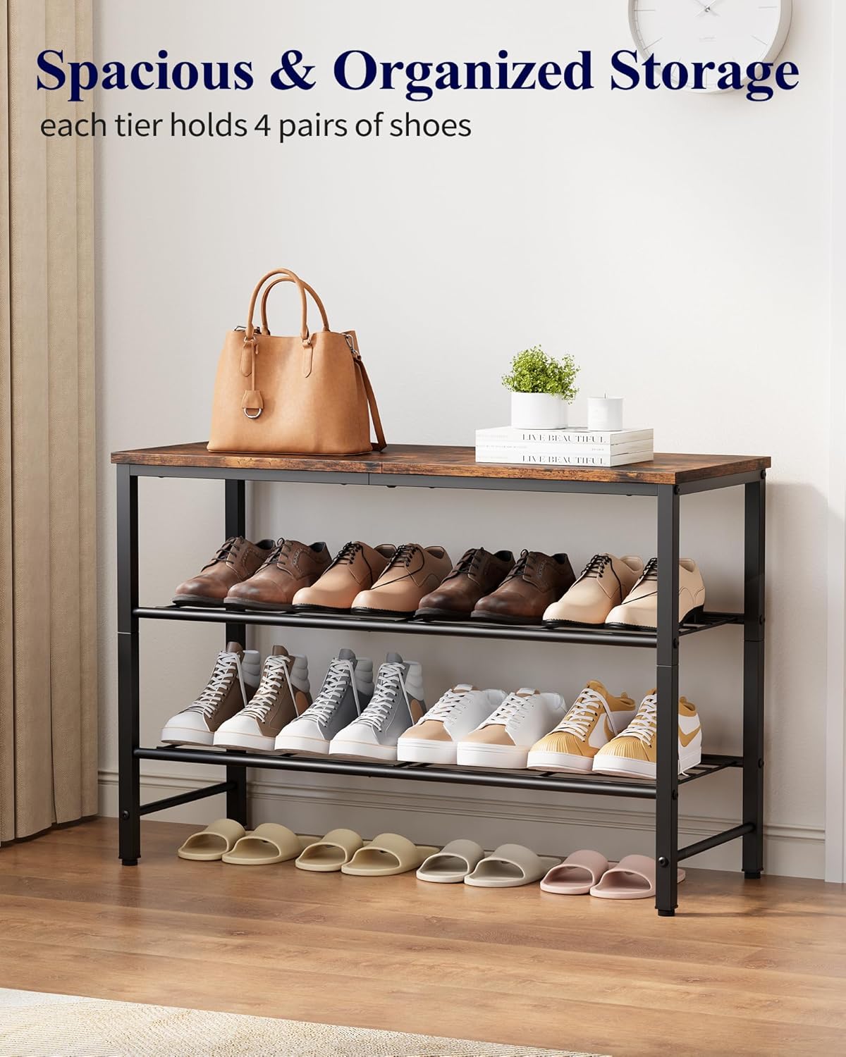 Kitsure Shoe Rack for Closet, Shoe Storage, 29.5" Wide - 3 Tier, Brown | Space-Saving Shoe Organizer with Leveling Feet, Sturdy & Rust-Proof Wooden Shoe Rack for Entryway, Bedroom, Living Room