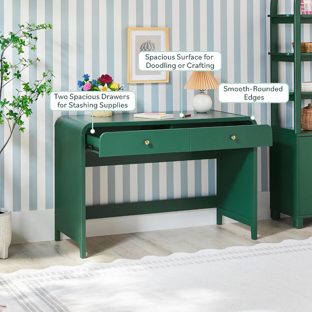 Walker Edison Zoey Modern Curve Design Writing Desk with Drawer, 45 Inch, Green