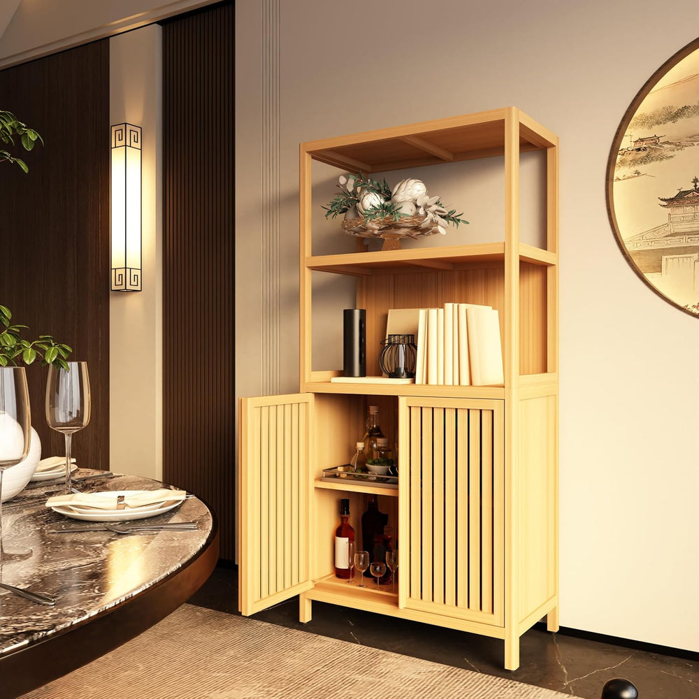 Tall Pantry Storage Cabinet, Bookcase Display Cabinet with Rattan Doors and S...