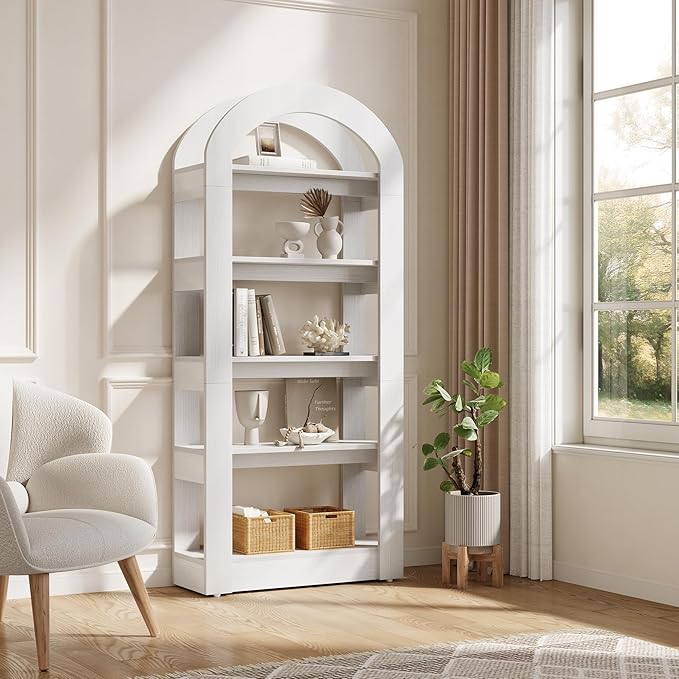 LITTLE TREE 5-Tier Bookshelf, Arch-Shaped Racks, Tall Standing Wooden Bookcase Display Shelf Modern Storage Solution (2, White)