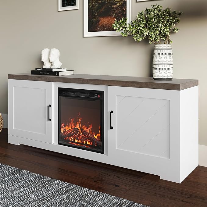 BELLEZE Modern 58" Farmhouse TV Stand with 18" Electric Fireplace Heater & Media Entertainment Center for TV up to 65", Console Table with Storage Cabinets - Hilo (White)