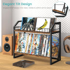 ELITEROO 2 Tier CD Holder, Wooden DVD Storage Rack, Tilting CD Organizer Tower for Display, CD Case Shelf Holds Up to Standard 80 CDs or 56 DVDs, Desktop DVD Stand for Music Enthusiasts, Rustic Brown