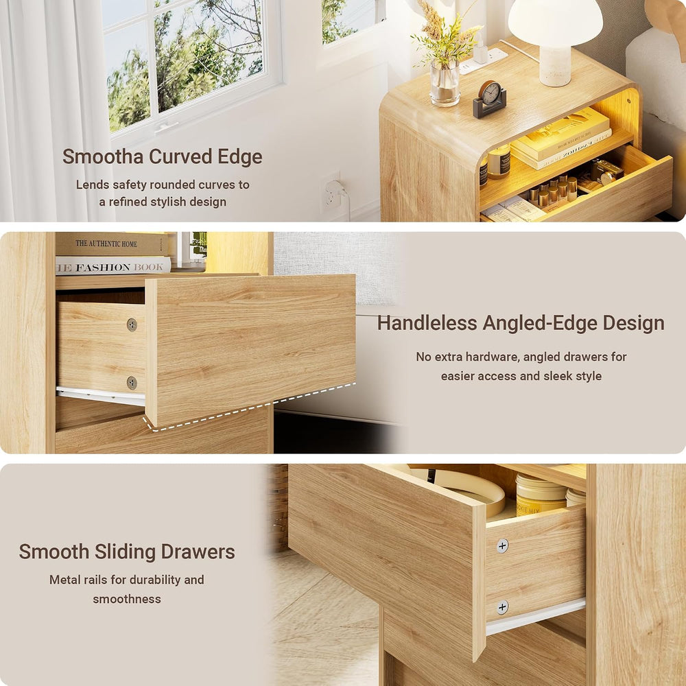 23"W 2 Drawer Nightstand with Charging Station and RGB LED Light | Curve...