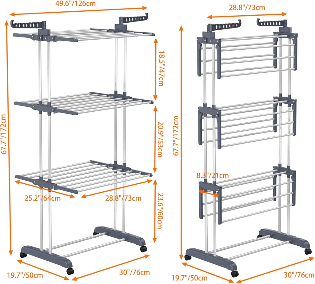 HOMIDEC Clothes Drying Rack, Oversized 4-Tier(67.7" High) Foldable Stainless Steel Drying Rack Clothing, Movable Drying Rack with 4 castors, 24 Drying Poles and 14 Hooks for Bed Linen, Clothing, Grey