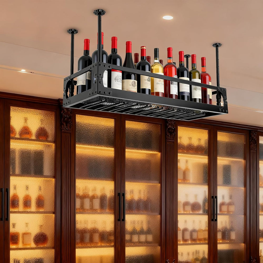 Ceiling Wine Glass Rack, 39.3x13.7in Adjustable Industrial Hanging Wine Bottl...