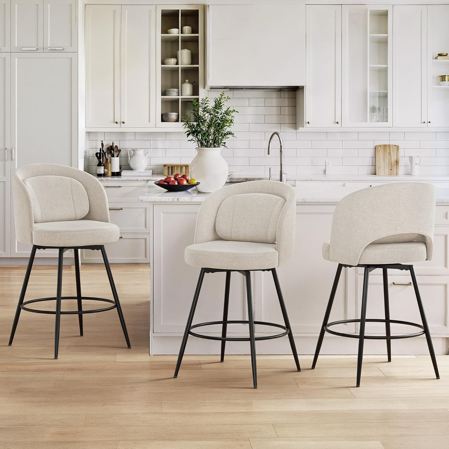 LUE BONA 26''H Swivel Bar Stools Set of 3, Counter Height Bar Stools with Backs, Lumbar Pillow and Black Metal Frames, Upholstered Modern Barstools for Kitchen Island, Linen Farbic, Linen Color