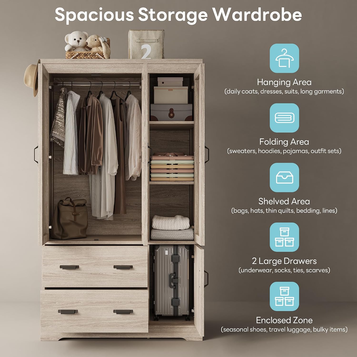 LIKIMIO Wardrobe Closet, 70" Tall 4 Doors Large Wooden Closet with 2 Drawers, 3 Shelves Bedroom Armoire with Hanging Rod, Freestanding Storage Cabinet for Hanging Clothes, Light Oak