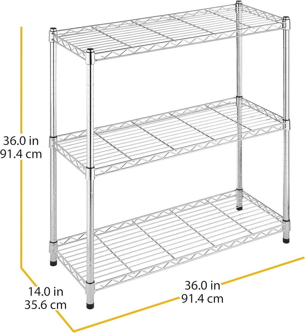 Whitmor 3 Tier Shelving Unit, Metal Storage Shelves, 400 lbs Capacity per Shelf, 1200 lbs Total, Durable Heavy Duty Shelf for Kitchen, Garage, Plant, 36" L x 14" W x 36" H, Chrome