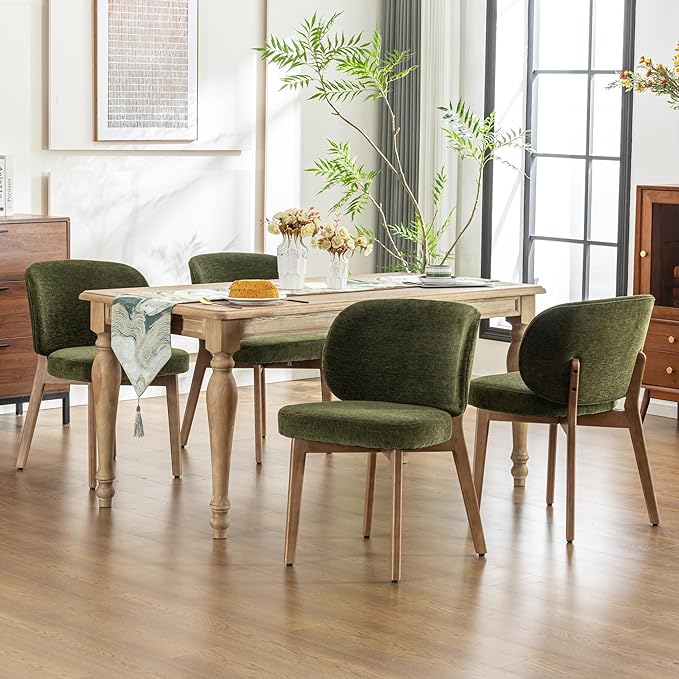 YOUNIKE Olive Green Dining Chair with High Back Set of 4 Mid Century Modern Kitchen Chair Boucle Fabric Upholstered Armless Accent Chair 20" Wide Padded Seat with Wooden Legs for Living Room Bedroom