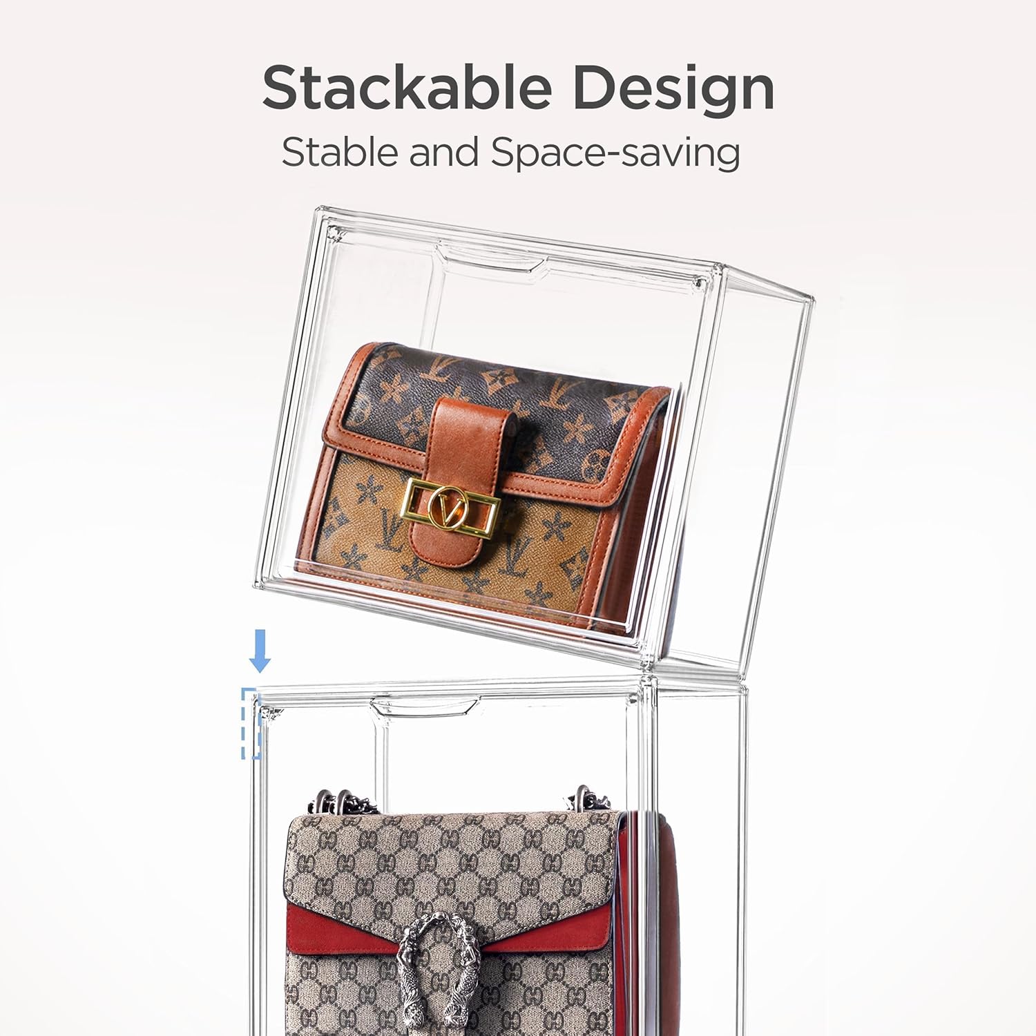 HBlife 3 Pack Purse Storage Organizer for Closet, Medium Clear Stackable Handbag Display Case Box with Magnetic Door for Collectibles, Cosmetics, Women Heels and Toys