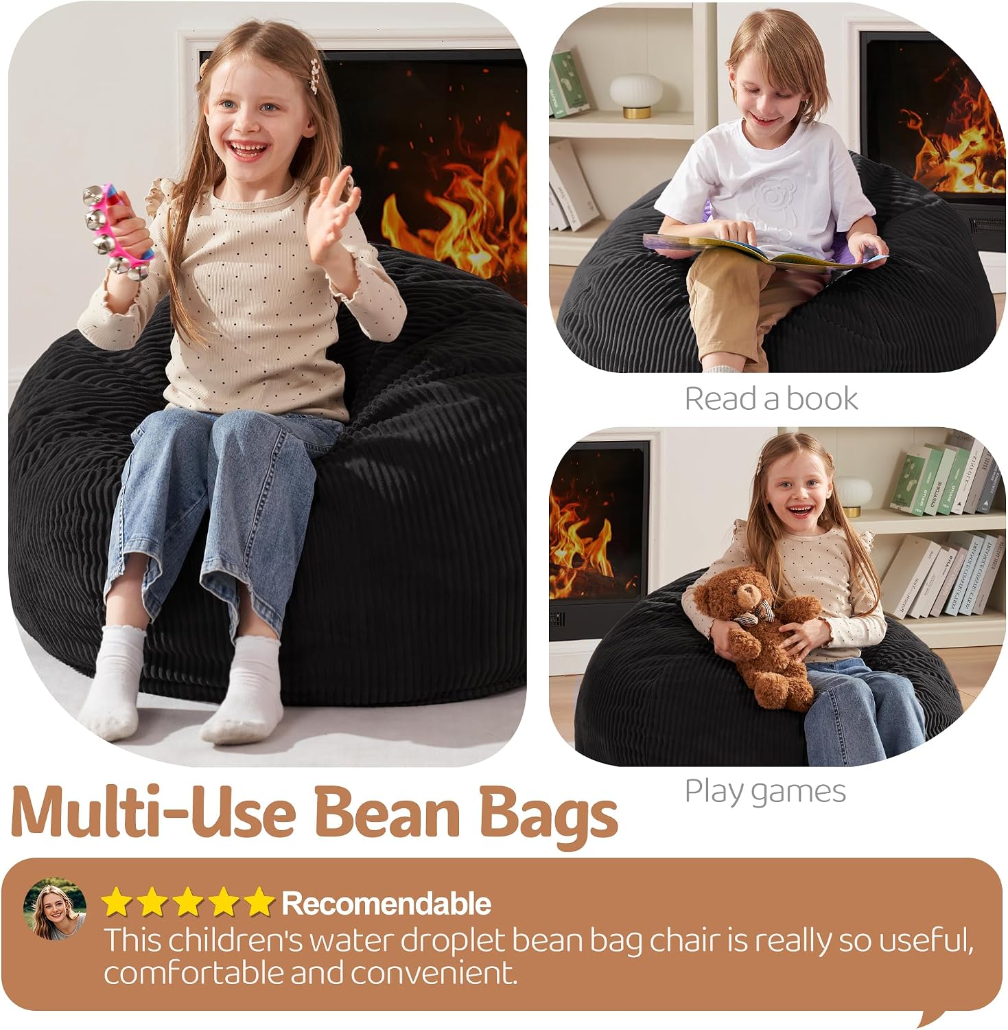 Homguava 2FT Bean Bag Chair,Teardrop Beanbag Chair Bean Bags with Handle | Small Bean Bag with Memory Foam Filled and Ultra Soft Corduroy Cover for Living Room, Bedroom（Black 2FT)