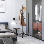 Unisakey Durable Wooden Coat Rack, Freestanding Coat Rack with Stable Triangular Base, 8 Hooks & 3 Adjustable Heights, Simple Assembly for Bedroom, Hallway, Office(New Black)