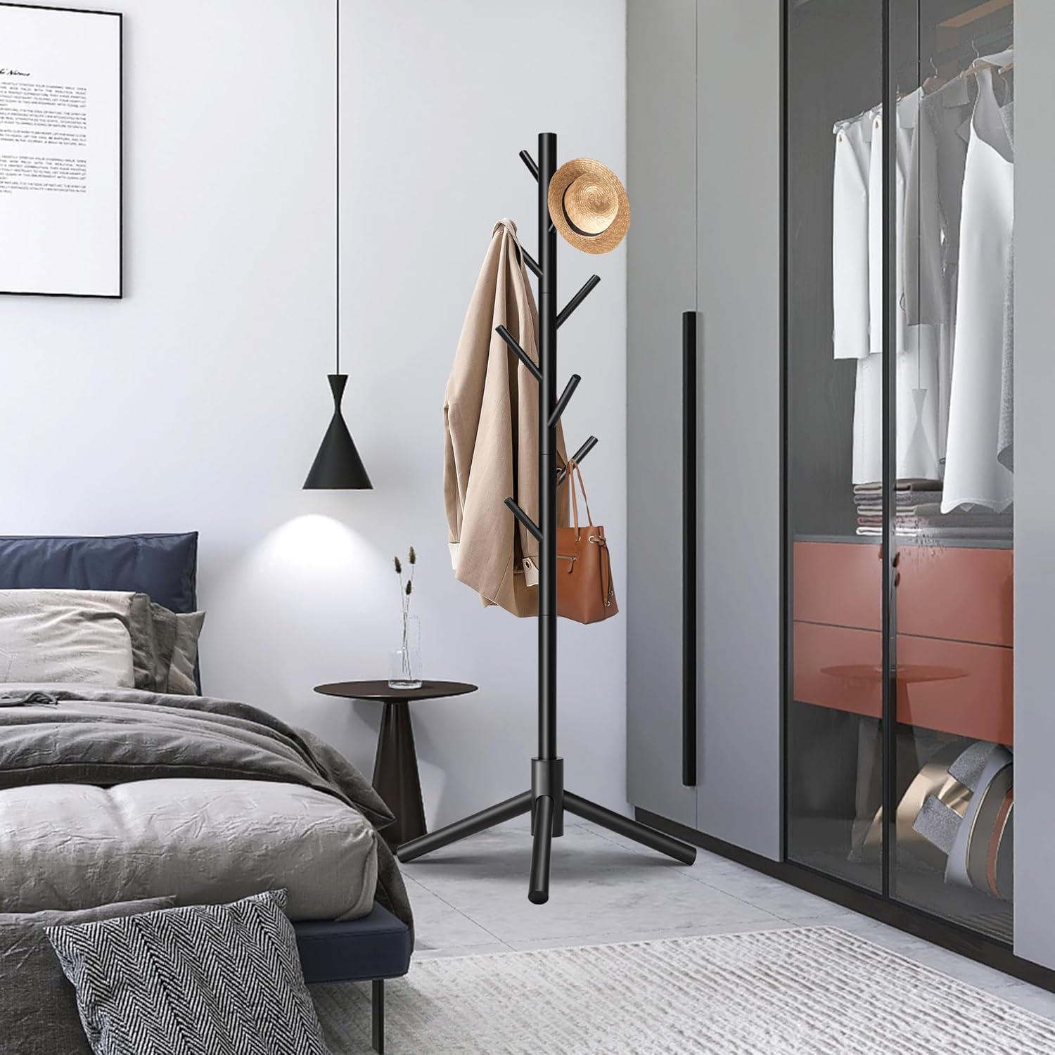 Unisakey Durable Wooden Coat Rack, Freestanding Coat Rack with Stable Triangular Base, 8 Hooks & 3 Adjustable Heights, Simple Assembly for Bedroom, Hallway, Office(New Black)