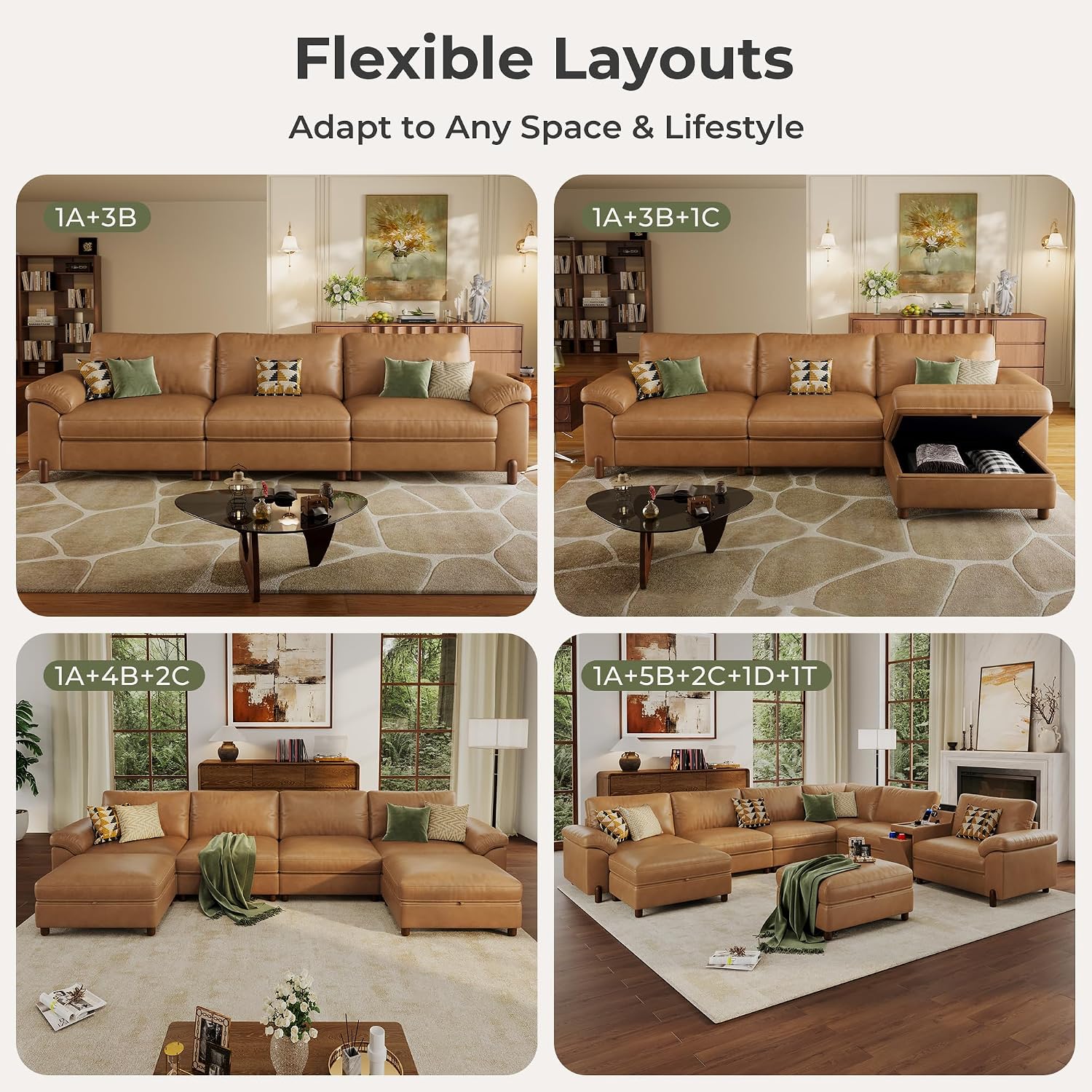 Cloud Couch Sectional, 3 Seater L-Shaped Sofa, Faux Leather in Brown | Pet-Friendly Scratch-Resistant Leather Sectional Sofas for Living Room, Deep Seat Wide Couch with Chaise, Storage Ottoman